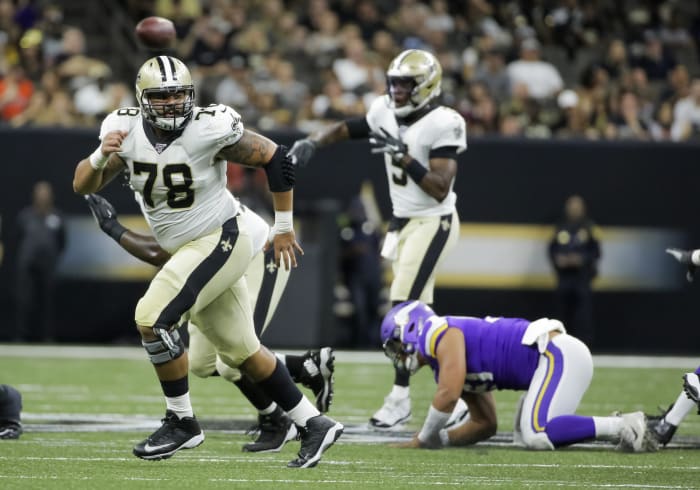 Aug 9, 2019; New Orleans, LA, USA; New Orleans Saints center Erik McCoy (78) blocks on a screen during the second quarter against the Minnesota Vikings at the Mercedes-Benz Superdome. Mandatory Credit: Derick E. Hingle-USA TODAY Sports